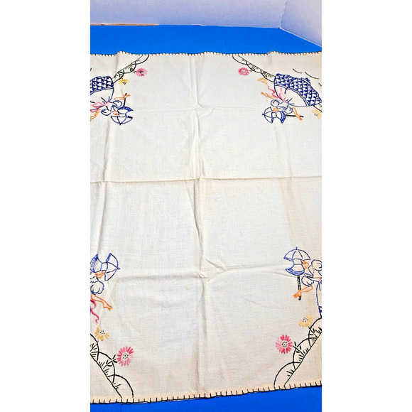 Vintage 1940s-50s Hand-Embriodered Tablecloth-Bonnet Girl Design 32" x 32" - Picture 14 of 16